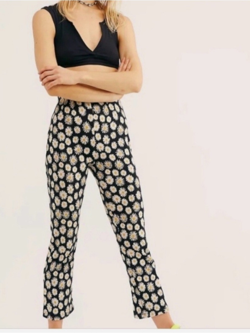 Free People Black Daisy Print High-Rise Kick Flare Pants